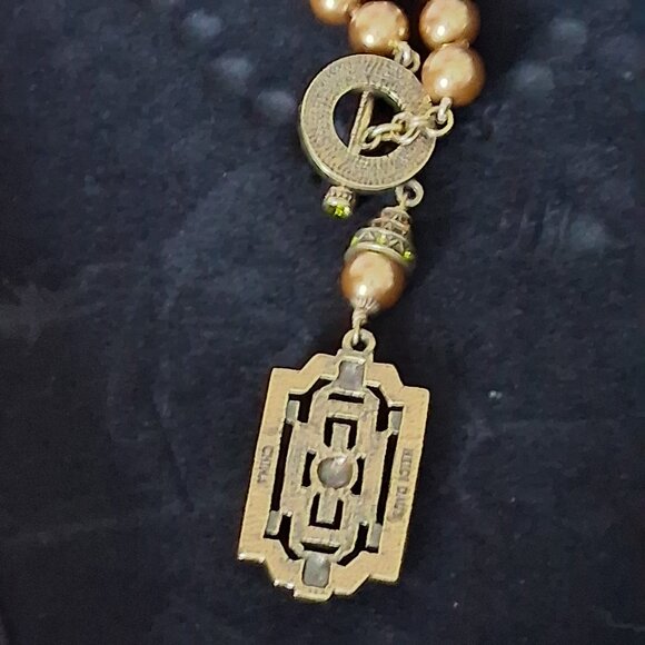 HEIDI DAUS GOLD PEARL ART DECO PENDANT NECKLACE & EARRINGS WITH CRYSTALS NIB - Picture 8 of 8